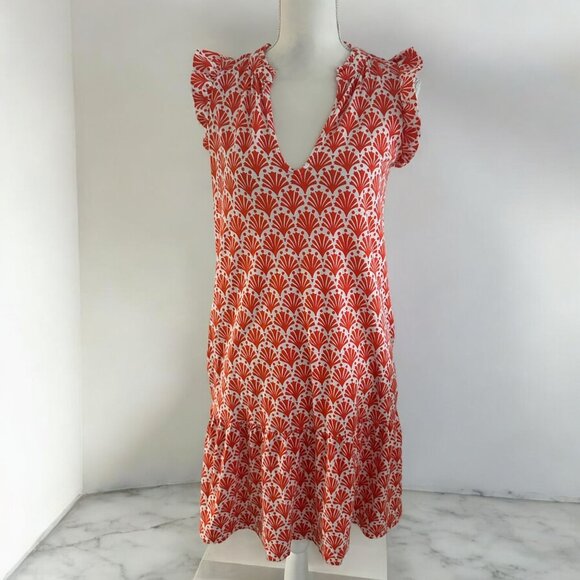BODEN Orange White Ruffle Sleeve Dres Size 6 Long - Picture 1 of 7